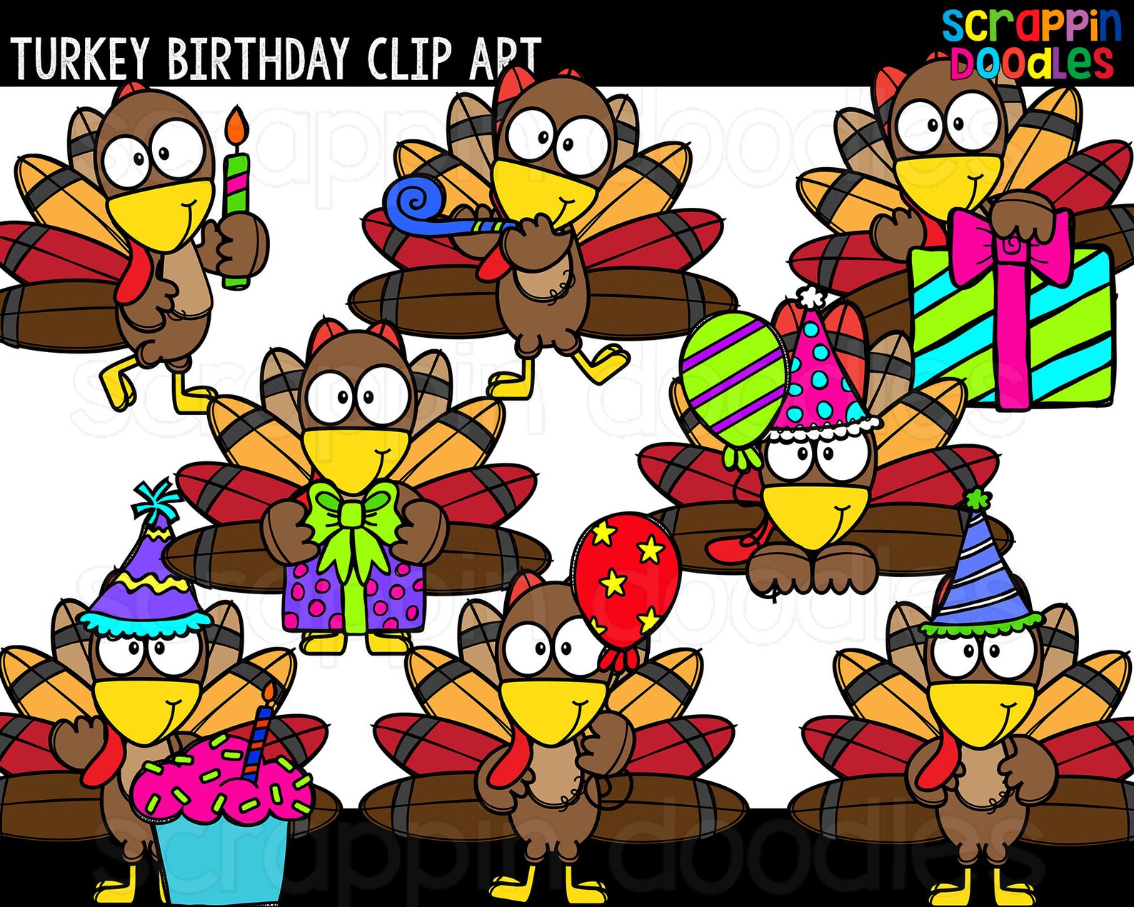 Turkey Birthday Clip Art Cute Commercial Use Birthday Party | Etsy