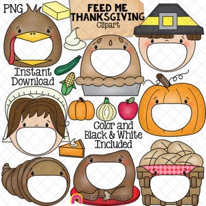 Feed Me Thanksgiving ClipArt - Nutrire la bocca aperta - Tacchino - Pellegrino - Torta - Zucca - Cornucopia - Tacchino arrosto - Cibo - Crea un gioco