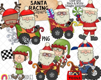 Santa Claus Racing ClipArt - Christmas Race Cars Clip Art - Reindeer Racer - Hand Drawn Sublimation PNG