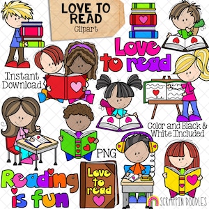 Me encanta leer Clip Art - Libros de lectura para niños - Lectura de San Valentín - Gráficos PNG de uso comercial