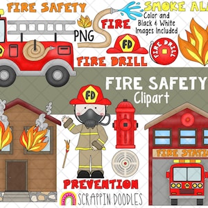ClipArt di sicurezza antincendio - Clipart dei vigili del fuoco - Clipart del camion dei pompieri - Allarme fumo - Esercitazione antincendio - Estintore - Download istantaneo - PNG disegnato a mano