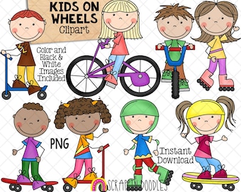 Kids on Wheels ClipArt - Skateboading Kids - Riding a Bike - Roller Skating - Commercial Use PNG