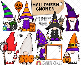 May include: A set of ten digital clip art images of Halloween gnomes. The gnomes are dressed in various Halloween costumes, including a witch, a ghost, a devil, a pumpkin, and a wizard. The images are in color and black and white.