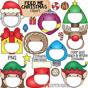 Feed Me Christmas ClipArt - Nutrire la bocca aperta - Babbo Natale - Elfo - Pan di zenzero - Regalo - Calza - Renna - Albero - Ornamento - Crea un gioco