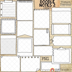 May include: A collection of hand-drawn doodle notes and paper elements in black and white. Includes lined paper, grid paper, and various note shapes with decorative edges. The text "DOODLE NOTES 2 Clipart" is visible.