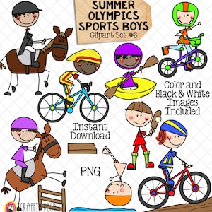 Sports olympiques d'été pour garçons ClipArt 3 - Canoë - Cricket - BMX - VTT - Cyclisme - Plongée - Sports équestres, saut d'obstacles et dressage