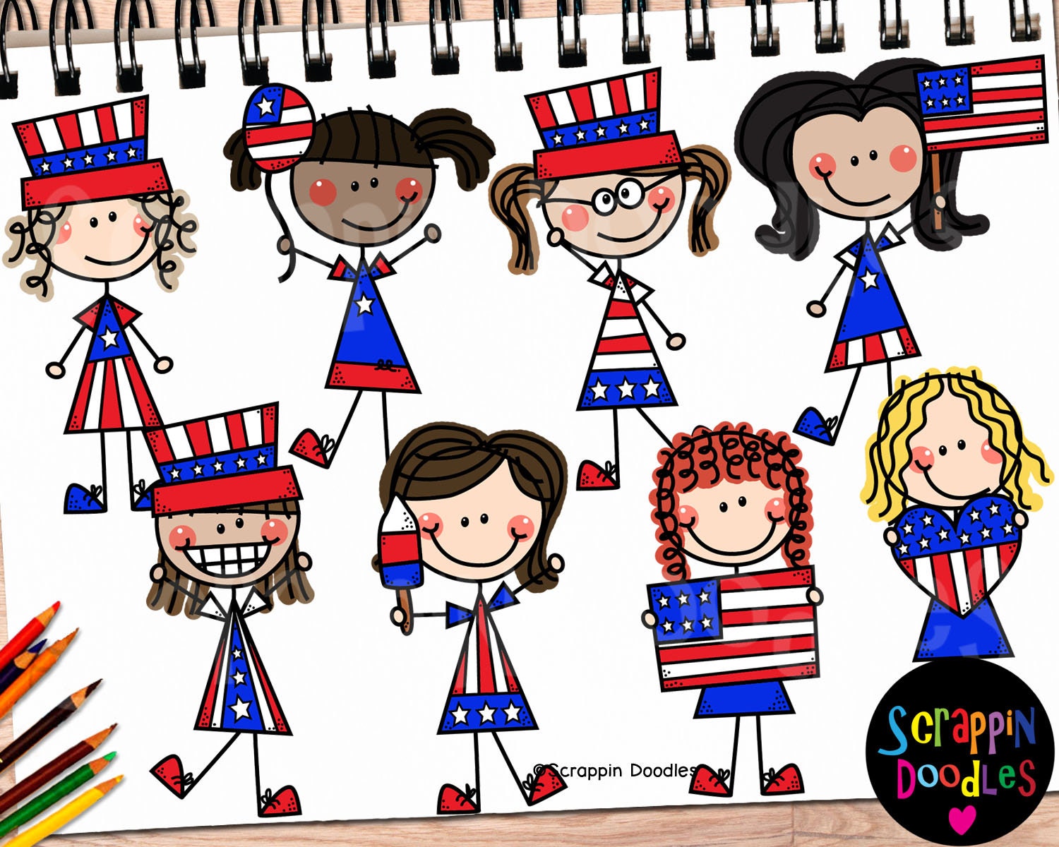 4th of July Clipart Forth of July Doodle Girls USA Clipart Independence ...