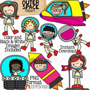 Space ClipArt - Outer Space Doodles Girls - Gráficos de astronautas - Spaceman - Nave espacial - Uso comercial PNG