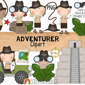 ClipArt de aventureiro - Jeep Adventure - Jungle Jeep - Explorer - Treasure Hunter - Hand Drawn PNG - Sublimação de uso comercial