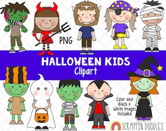 Halloween Kids ClipArt - Halloween Graphics - Halloween Costume Kids Clipart - Zombie - Devil - Werewolf - Pirate - Mummy - Witch - PNG