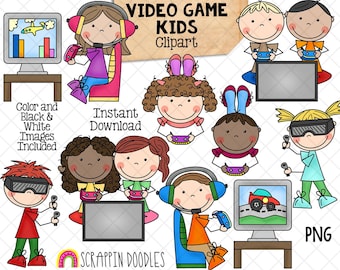 Puede incluir: Ilustración colorida de niños jugando videojuegos, algunos con auriculares y mandos, otros con gafas de realidad virtual. Incluye el texto "VIDEO GAME KIDS Clipart", "Instant Download" y "Color and Black & White Images Included".