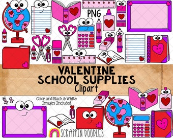 School Supplies ClipArt - Valentine's Day Clip Art - Commercial Use Valentine Clipart - Pink Pencil - Chalk Board - Globe - Sublimation PNG