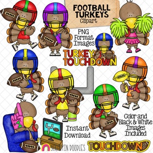 Football Turkey ClipArt - Turkeys Playing and Watching Football Graphics - Thanksgiving Games - Cheerleader - Touchdown Images - CU PNG