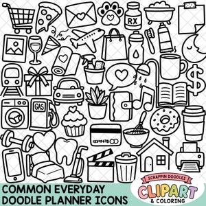 May include: A collection of black and white line art doodle icons featuring everyday objects like a shopping cart, pizza slice, airplane, car, coffee cup, donut, dumbbell, house, and various household items, with the text Common Everyday Doodle Planner Icons.