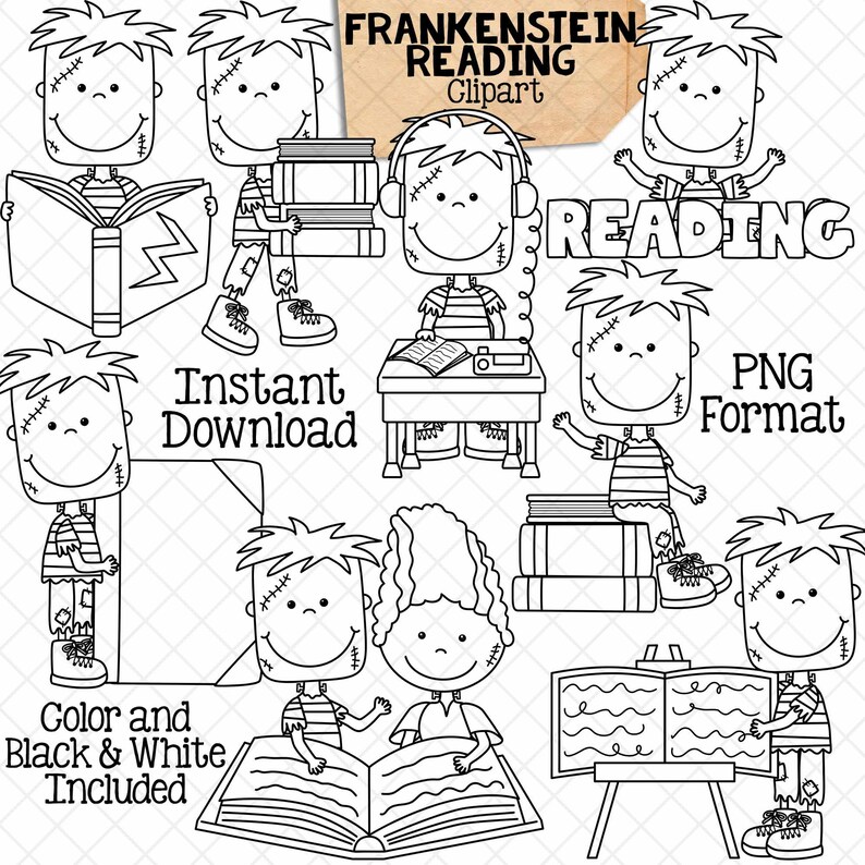 Frankenstein Library Display Frankenstein Reading Clip Art - Halloween Library Clipart - Read Books ...