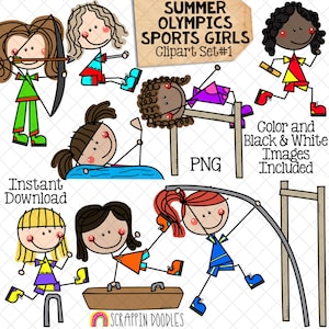 Juegos Olímpicos de Verano Sports Girls ClipArt 1 - Tiro con arco - Gimnasia - Natación artística - Carrera de relevos - Vallas - Doodle Girls - Uso comercial PNG