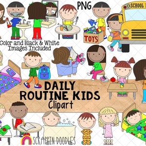 Daily Routine Kids ClipArt - Kids Doing Corvées ClipArt - Utilisation commerciale PNG - Sublimation Graphics