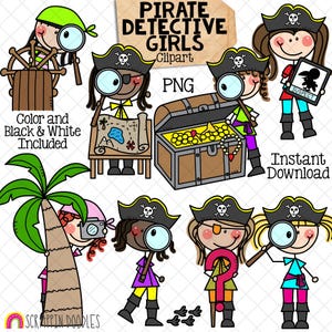 Clipart détective pirate - Doodle Girls Clip Art - enfants - détectives - carte au trésor - suspect - espionnage - enquêteur - indices - PNG