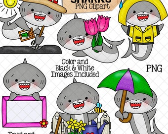 Spring Sharks Clip Art - Grey Shark Gardening Clipart - Baby Shark - Commercial Use PNG Sublimation