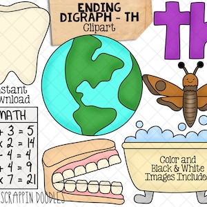 May include: Clip art images of the ending digraph "th" with a purple letter "th", a cartoon tooth, a cartoon earth, a cartoon moth, and a cartoon bathtub with bubbles. The text "Ending Digraph - TH" is at the top of the image. The text "Instant Download" is below the tooth. The text "MATH" is above a set of math problems. The text "Color and Black & White Images Included" is below the bathtub. The text "PNG" is below the moth.