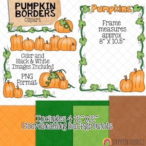 May include: Digital clipart set featuring pumpkin borders, individual pumpkins, and coordinating backgrounds. The frame measures approximately 8" x 10.5". Includes color and black & white images in PNG format. The set includes four 12"x12" coordinating backgrounds.