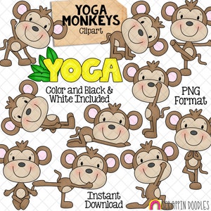 Singe yoga clipart - singes faisant des poses de yoga - animaux de la jungle - étirements - sublimation PNG à usage commercial