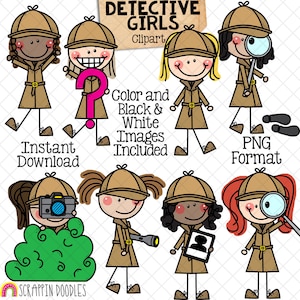 Detective Clip Art - Doodle Girls Detectives - Spy Graphics - Private Investigator - Sleuth - Sherlock - Following Clues - Commercial Use