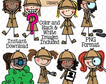 Detective Clip Art - Doodle Girls Detectives - Spy Graphics - Private Investigator - Sleuth - Sherlock - Following Clues - Commercial Use