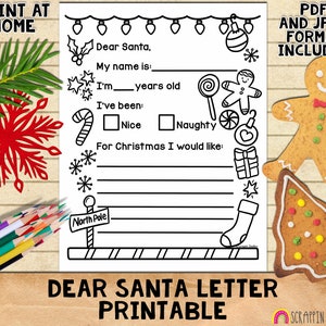 Carta de Querido Papá Noel - Lista de Papá Noel para niños imprimible - Página para colorear para niños Carta a Papá Noel - PDF imprimible