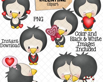 May include: A set of digital clipart images featuring cute penguins in various Valentine's Day poses. The penguins are holding hearts, candy, and a lollipop. The text "Penguin Valentine Clipart" is included in the image.