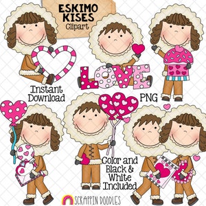 Eskimo Kisses Clip Art - Valentines Day ClipArt - Valentine Winter Graphics - Sweethearts - Eskimos mignons amoureux - Utilisation commerciale PNG