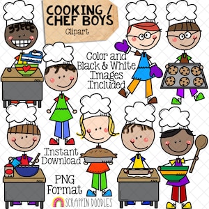 Cooking Clip Art - Doodle Boys in Chef Hats - Baking - Mixing - Rolling Dough - Making Cookies - Stick Figure Graphics - Commercial Use PNG