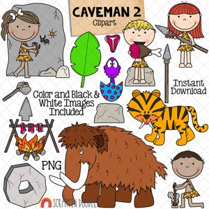 ClipArt homme des cavernes - préhistorique - peintures rupestres - mammouth laineux - tigre à dents de sabre - dinosaure - usage Commercial PNG
