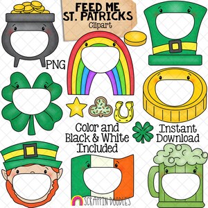 Feed Me St. Patrick's Day ClipArt - Nutrire a bocca aperta - Pentola d'oro - Moneta - Arcobaleno - Leprechaun - Bandiera irlandese - Trifoglio - Crea un gioco