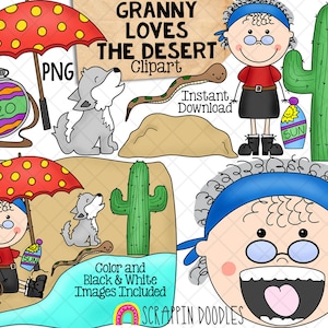 Vieille dame a avalé un cactus Clip Art - PNG dessiné à la main - Grand-mère aime le désert