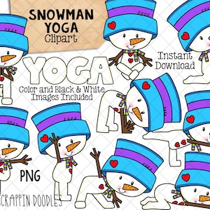 Snowman Yoga Clip Art - Clipart de estiramiento de invierno - Gráficos de pose de yoga - Sublimación PNG de uso comercial