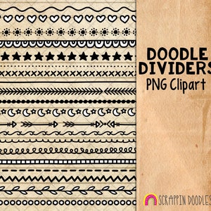 Doodle Dividers ClipArt - Hand Doodled Borders - Black & White Divider Graphics - Commercial Use PNG