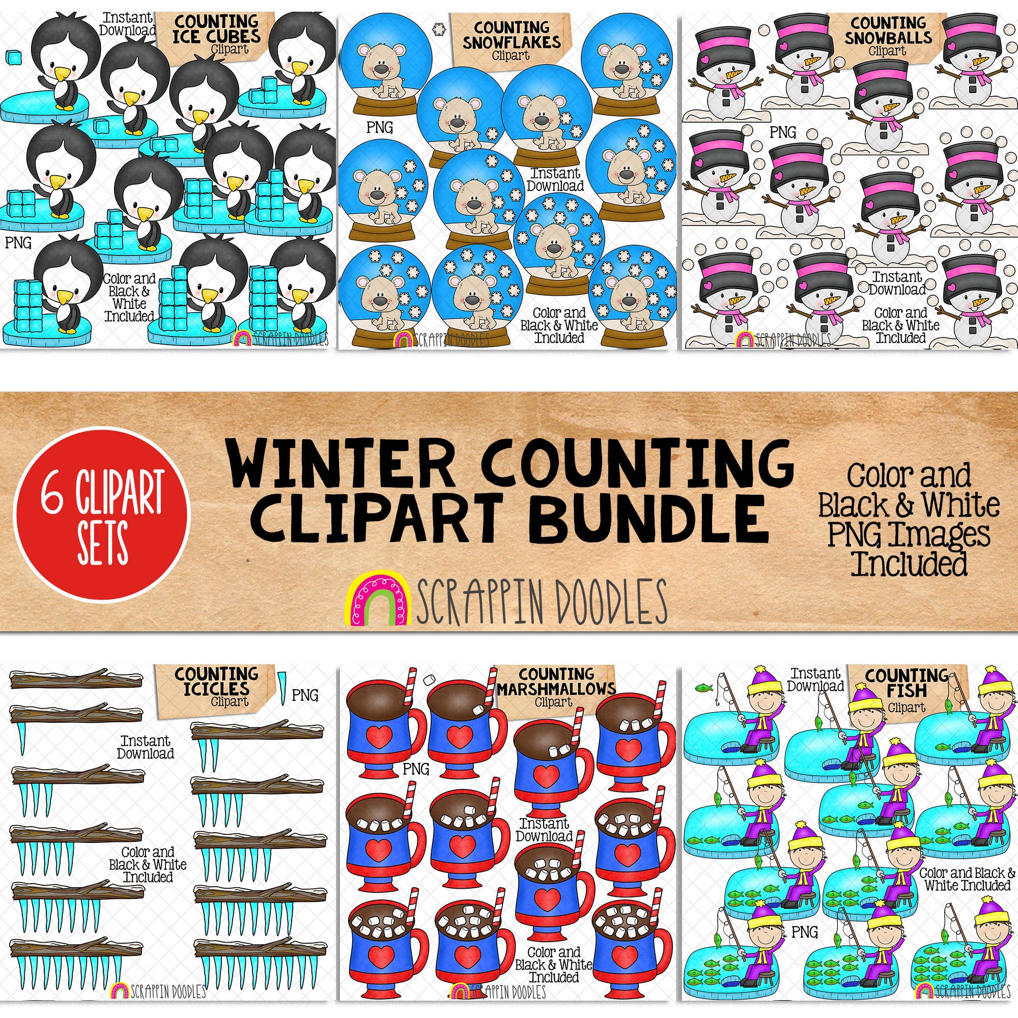 Winter Counting ClipArt Bundle -  Ice Cubes - Snowballs - Snowflakes - Marshmallows - Ice Fishing - Icicles  - Seasonal Math Graphics