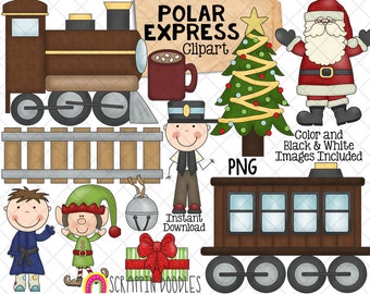 May include: A digital clipart set featuring a brown train engine, a train car, a conductor, a Christmas tree, a bell, a gift box with a red bow, a cup of hot chocolate, and Santa Claus. The text "Polar Express Clipart" is included in the image.