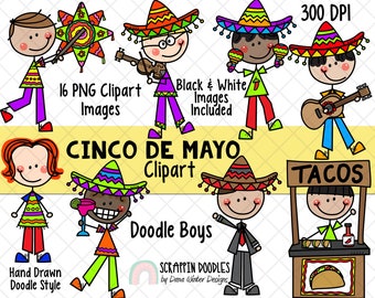 Cinco de Mayo ClipArt - Mexico Fiesta Boys - Cinco de Mayo Party - Sombrero - Pinata - Maracas - Taco Clipart - Hand Drawn - Commercial Use