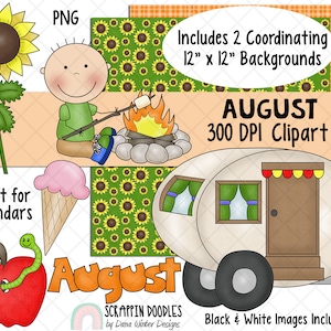 Calendar ClipArt - August Bulletin Board - August ClipArt - Holiday ClipArt - Digital Stickers - Sunflower ClipArt - Camping Graphics