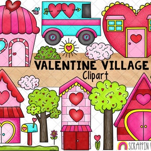 ClipArt del villaggio di San Valentino - Case di città di San Valentino - Alberi del cuore - Casa dei cupcake - Camion di consegna - Cassetta postale dell'amore Uso commerciale - PNG