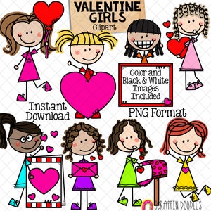 Doodle Girl Valentine Clip Art, Lindo uso comercial Imágenes prediseñadas de San Valentín, Gráficos de figuras de palos para niños de San Valentín {Scrappin Doodles Clipart}