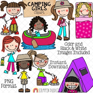 Camping Clipart - Doodle Boys Camping - Mochilero - Senderismo - Fogata - Canotaje - Tienda de campaña - Campamento de verano para niños - Bosques - PNG dibujado a mano