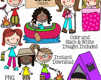 Camping Clipart - Doodle Boys Camping - Backpacking - Hiking - Campfire - Canoeing - Tent - Kids Summer Camp - Woodlands - Hand Drawn PNG