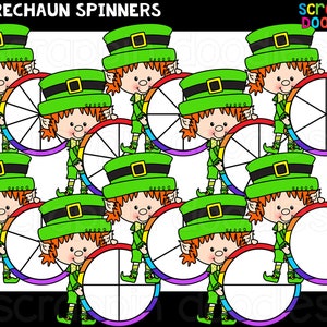 May include: Ten colorful rainbow spinners with leprechaun characters holding them. The spinners have six sections each and are ready for coloring.