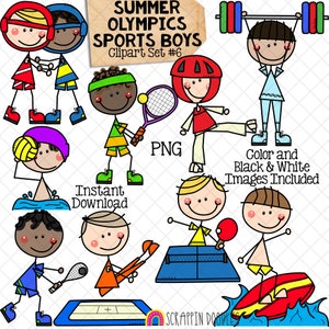 Olympische Sommerspiele Sport Jungen ClipArt Set 6 - Squash - Tisch Tennis - Taekwondo - Tennis - Trampolin - WasserPolo - Gewichtheben - Wrestling