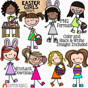 Easter Girls ClipArt - Doodle Girls Easter Clip Art - Egg Hunt - Painting Easter Eggs - Bunny Ears - Commercial Use PNG