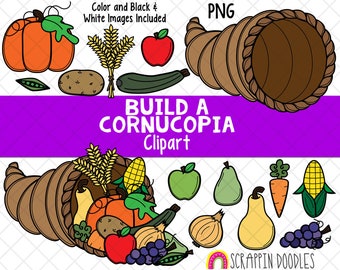 Cornucopia ClipArt - Costruisci una cornucopia - Uso commerciale - Clipart di cibo del Ringraziamento - Raccolto autunnale - Clipart di verdure autunnali