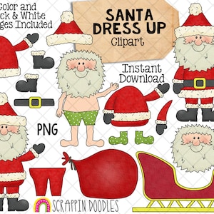 Papai Noel Dress Up ClipArt - Crie um Papai Noel Clip Art - Boneca de papel - Trenó do Papai Noel - Download instantâneo - Desenhado à mão PNG